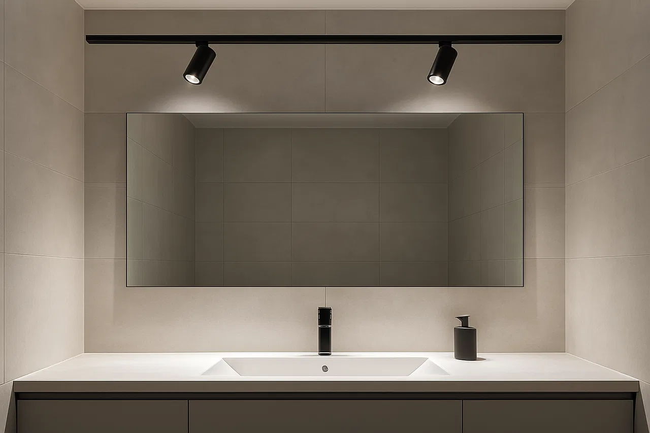 Aynanın üstüne monte edilmiş ray spotlarla aydınlatılmış modern banyo tasarımı, arka planda şık bir lavabo ve ayna ile birlikte