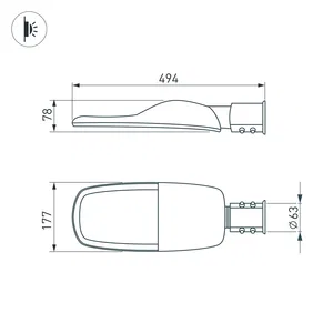 Светильник OXOR-TURI-494х177-60W Warm3000 (GR, 144x75 deg, 230V) IP66 (Arlight, -)