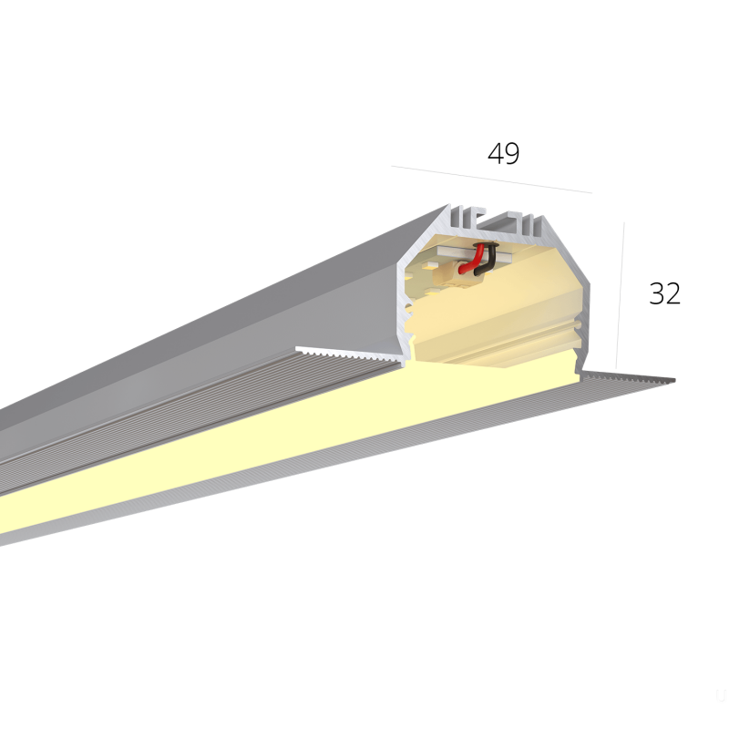 Безрамочный профиль под шпаклевку. 
Благодаря отсутствию рамки и сплошному рассеивателю на потолке видна только световая линия без стыков.