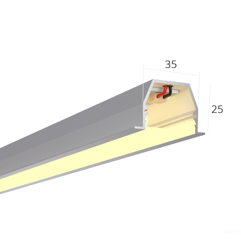 Алюминиевый корпус для встраиваемого монтажа — 35(45)х25x 0-3000мм.
Мощность до 64Вт (26 Вт/м) — 1м светильника обеспечивает освещение площади до 5м².
Тонкая элегантная линия света. Возможна установка в натяжной потолок, КГЛ, бетон, армстронг и грильято.   