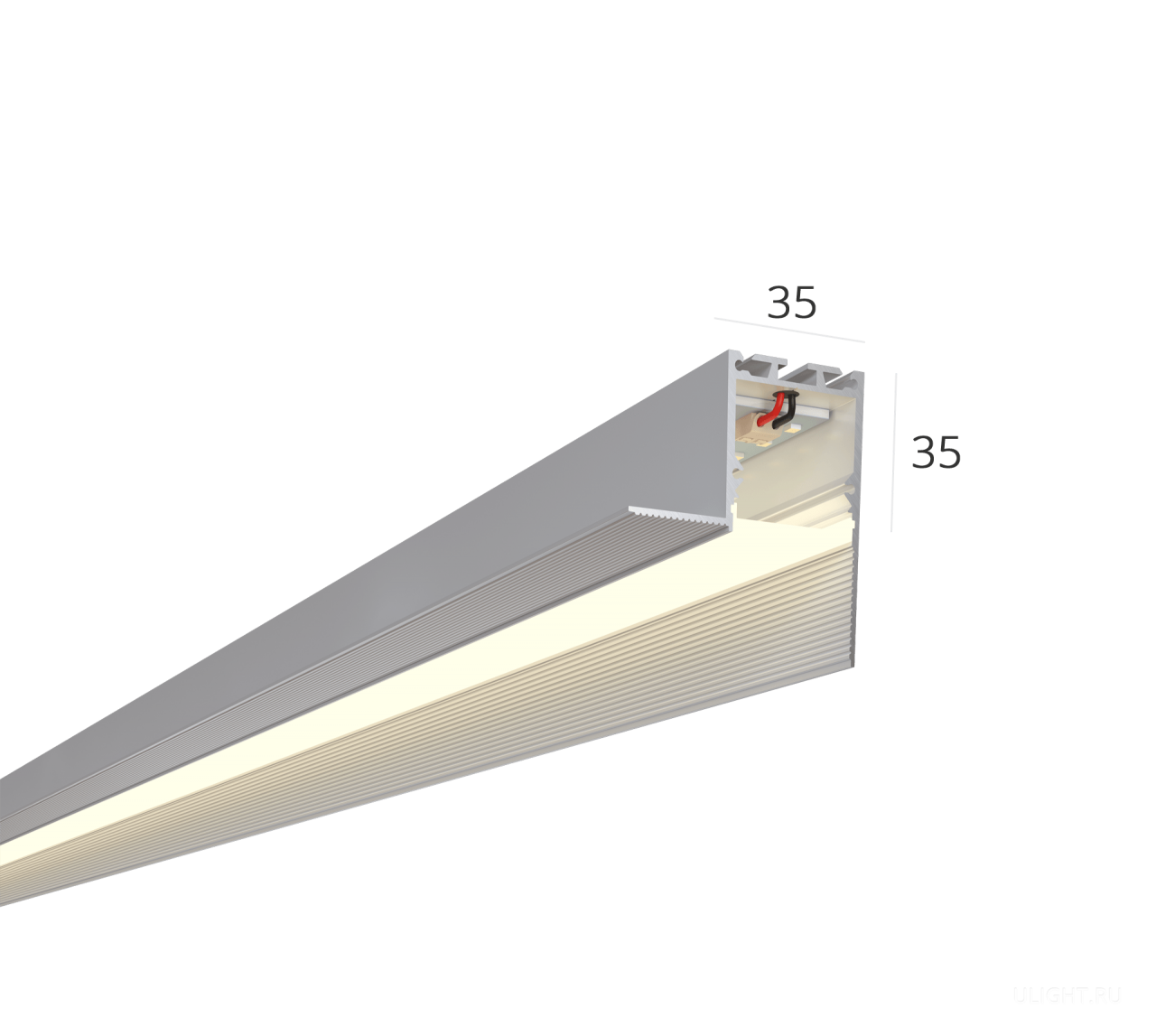 Безрамочный профиль под шпаклевку (устанавливается на стыке стены и потолка). 
Благодаря отсутствию рамки и сплошному рассеивателю на потолке видна только световая линия без стыков.


