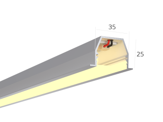 Алюминиевый корпус для встраиваемого монтажа — 35(45)х25x 0-3000мм.
Мощность до 64Вт (26 Вт/м) — 1м светильника обеспечивает освещение площади до 5м².
Тонкая элегантная линия света. Возможна установка в натяжной потолок, КГЛ, бетон, армстронг и грильято.   