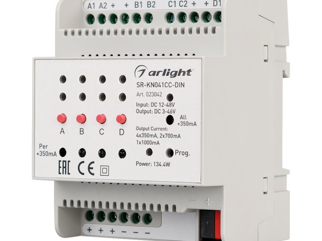 Контроллер тока SR-KN041CC-DIN (12-48V, 4x350/700mA) (Arlight, IP20 Пластик, 2 года) фото:1