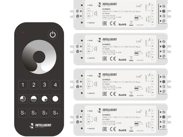 INTELLIGENT ARLIGHT Диммер SMART-SET-PWM-101-72-DIM-PD-SUF Black (5-36V, 1x8A, x4, ПДУ 13кн, 2.4G) (IARL, IP20 Пластик, 5 лет) фото:3