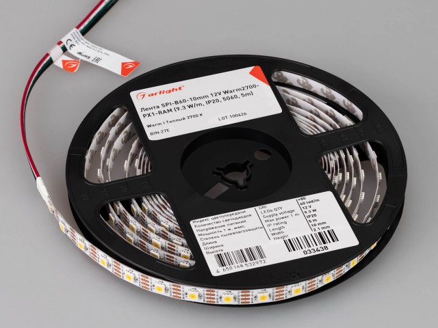 Лента SPI-B60-10mm 12V Warm2700-PX1-RAM (9.3 W/m, IP20, 5060, 5m) (Arlight, бегущий огонь) фото:5