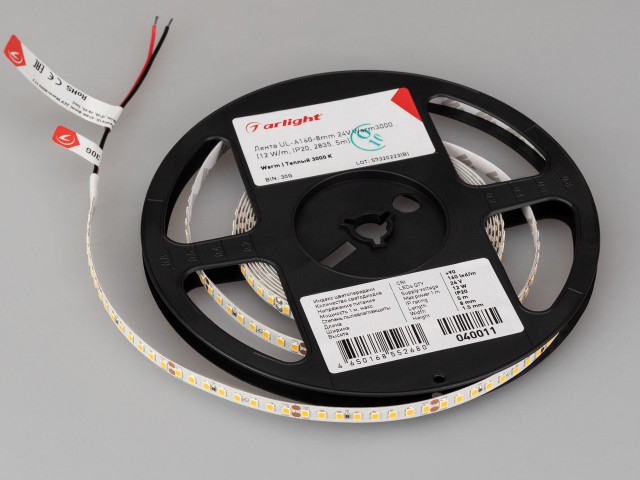 Лента UL-A160-8mm 24V Warm3000 (12 W/m, IP20, 2835, 5m) (Arlight, 7 лет) фото:9