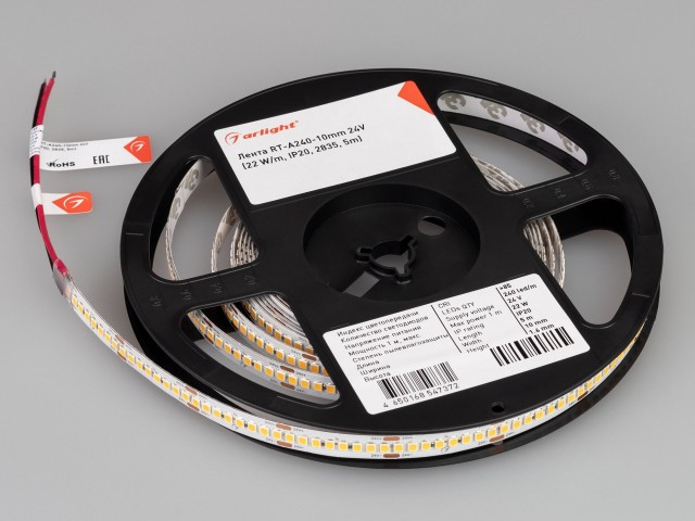 Лента RT-A240-10mm 24V Warm2400 (22 W/m, IP20, 2835, 5m) (Arlight, высок.эфф.150 лм/Вт) фото:3