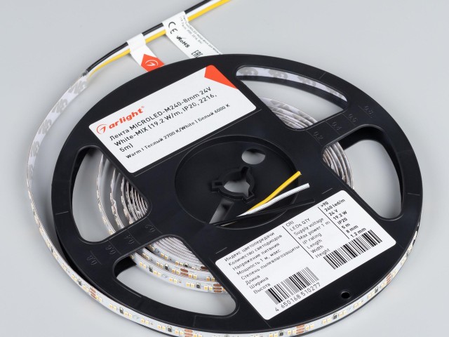 Лента MICROLED-M240-8mm 24V White-MIX (19.2 W/m, IP20, 2216, 5m) (Arlight, Изменяемая ЦТ) фото:1