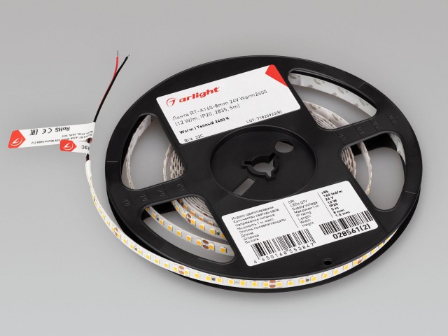 Лента RT-A160-8mm 24V Warm2400 (12 W/m, IP20, 2835, 5m) (Arlight, высок.эфф.150 лм/Вт) фото:1
