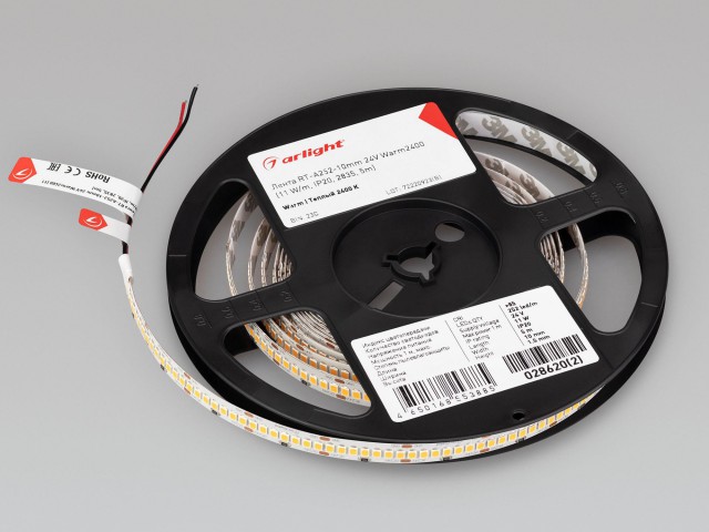 Лента RT-A252-10mm 24V Warm2400 (11 W/m, IP20, 2835, 5m) (Arlight, 11 Вт/м, IP20) фото:2