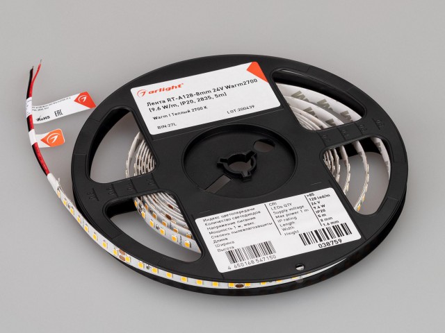Лента RT-A128-8mm 24V Warm2700 (10 W/m, IP20, 5m) (Arlight, высок.эфф.150 лм/Вт) фото:6