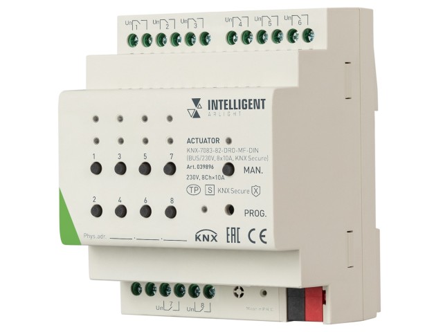 INTELLIGENT ARLIGHT Актуатор KNX-7083-82-DRO-MF-DIN (BUS/230V, 8x10А, KNX Secure)  (IARL, IP20 Пластик, 2 года) фото:1