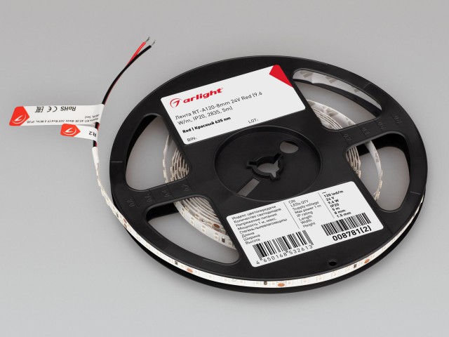 Лента RT-A120-8mm 24V Red (9.6 W/m, IP20, 2835, 5m) (Arlight, 9.6 Вт/м, IP20) фото:6