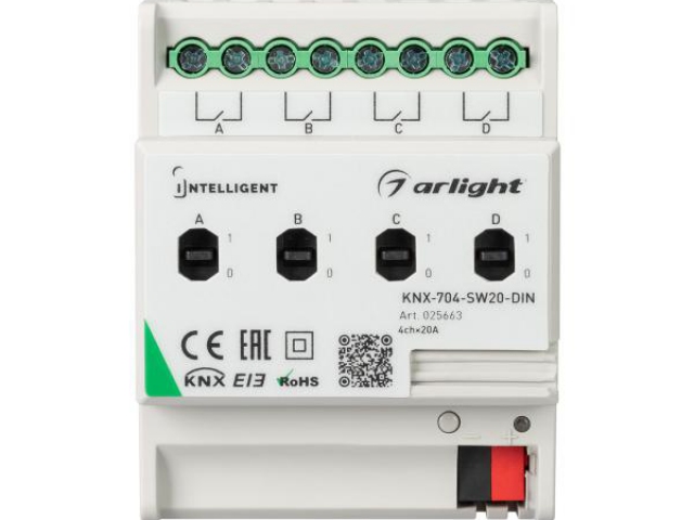 INTELLIGENT ARLIGHT Релейный модуль KNX-704-SW20-DIN (BUS, 4x20A) (Arlight, -) фото:2