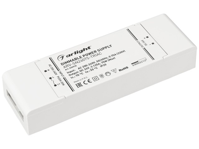 Блок питания ARV-SN24075-TRIAC (24V, 3.125A, 75W) (Arlight, IP20 Пластик, 3 года) фото:3