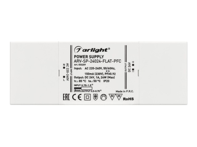 Блок питания ARV-SP-24024-FLAT-PFC (24V, 1A, 24W) (Arlight, IP20 Пластик, 5 лет) фото:1