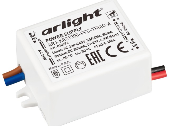 Блок питания ARJ-KE21300-PFC-TRIAC-A (6.3W, 300mA) (Arlight, IP44 Пластик, 5 лет) фото:1