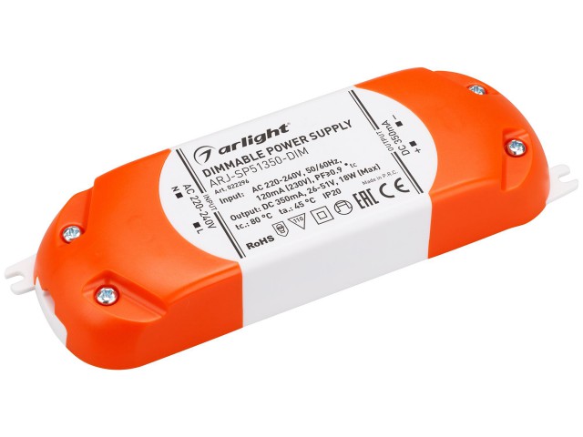 Блок питания ARJ-SP51350-DIM (18W, 350mA, PFC, Triac) (Arlight, IP20 Пластик, 3 года) фото:1