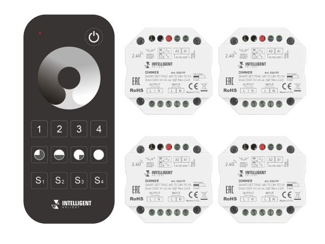 INTELLIGENT ARLIGHT Диммер SMART-SET-TRIAC-601-72-DIM-PD-IN Black (230V, 1x1.5A, x4, ПДУ 10кн, 2.4G) (IARL, IP20 Пластик, 5 лет) фото:1
