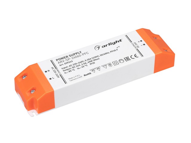 Блок питания ARV-SP-24060-PFC (24V, 2.5A, 60W) (Arlight, IP20 Пластик, 5 лет) фото:2