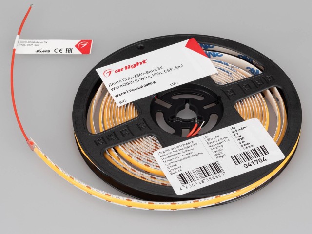 Лента COB-X360-8mm 5V Warm3000 (5 W/m, IP20, CSP, 5m) (Arlight, -) фото:1