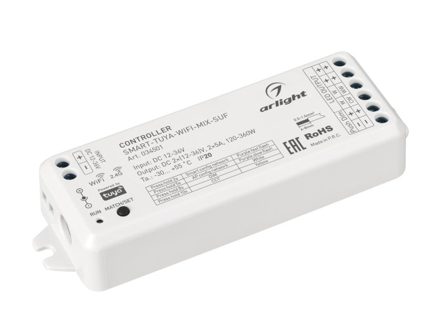 Контроллер SMART-TUYA-WIFI-MIX-SUF (12-36V, 2x5A, 2.4G) (Arlight, IP20 Пластик, 5 лет) фото:1