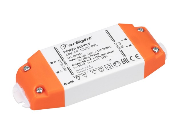 Блок питания ARV-SP-12020-PFC (12V, 1.67A, 20W) (Arlight, IP20 Пластик, 5 лет) фото:2