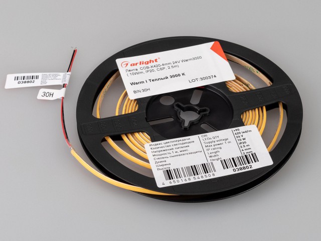Лента COB-X420-4mm 24V Warm3000 (10 W/m, IP20, CSP, 5m) (Arlight, узкая) фото:1
