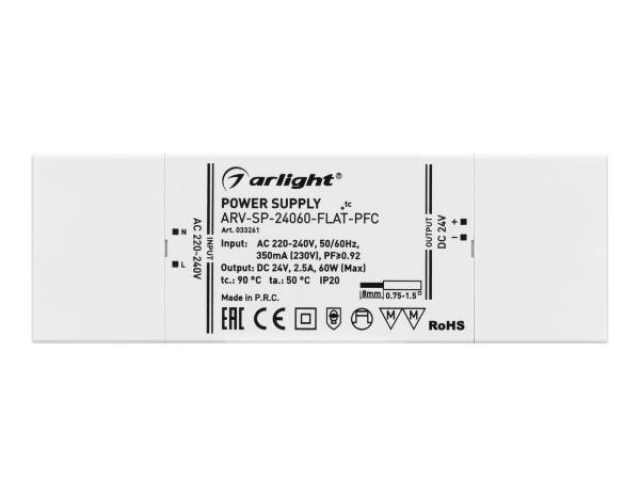 Блок питания ARV-SP-24060-FLAT-PFC (24V, 2.5A, 60W) (Arlight, IP20 Пластик, 5 лет) фото:3