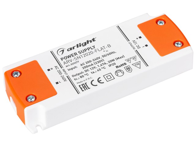 Блок питания ARV-SN12020-FLAT-B (12V, 1.67A, 20W) (Arlight, IP20 Пластик, 3 года) фото:1