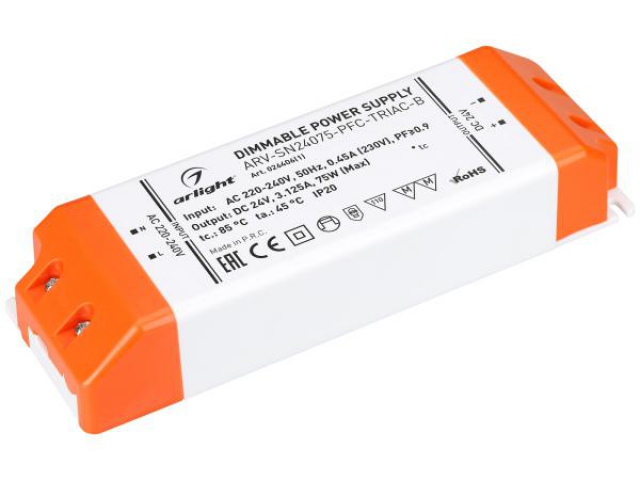 Блок питания ARV-SN24075-PFC-TRIAC-B (24V, 3.1A, 75W) (Arlight, IP20 Пластик, 3 года) фото:1