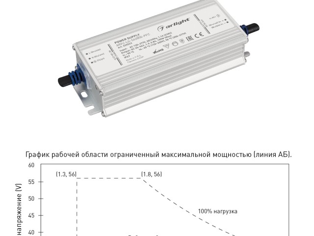 Блок питания ARPJ-LG-562800-PFC (100W, 25-56V, 1.3-2.8A) (Arlight, IP67 Металл, 5 лет) фото:1