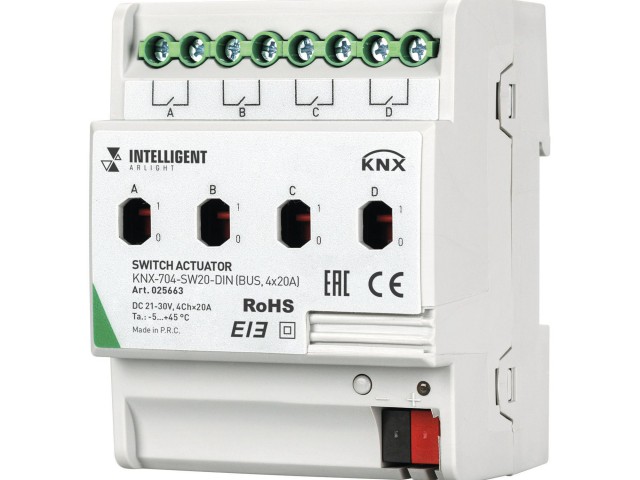 INTELLIGENT ARLIGHT Релейный модуль KNX-704-SW20-DIN (BUS, 4x20A) (Arlight, -) фото:1