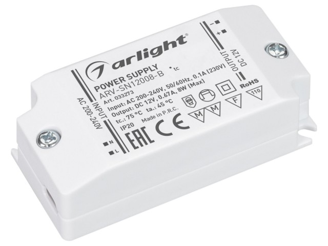 Блок питания ARV-SN12008-B (12V, 0.67A, 8W) (Arlight, IP20 Пластик, 3 года) фото:2