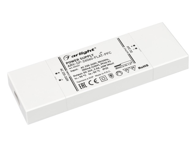 Блок питания ARV-SP-24060-FLAT-PFC (24V, 2.5A, 60W) (Arlight, IP20 Пластик, 5 лет) фото:1