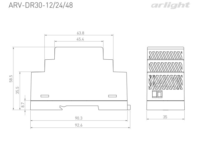 Блок питания ARV-DR30-48 (48V, 0.6A, 30W) (Arlight, IP20 DIN-рейка) фото:3
