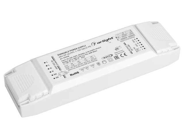 Блок питания ARJ-SP-60-PFC-1-10V-DALI2-PD (60W, 9-58V, 2x0.3-0.9A) (Arlight, IP20 Пластик, 5 лет) фото:1