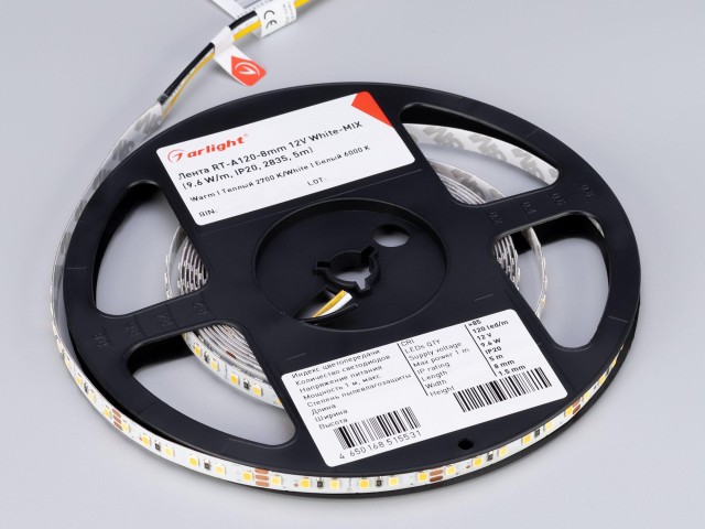 Лента RT-A120-8mm 12V White-MIX (9.6 W/m, IP20, 2835, 5m) (Arlight, Изменяемая ЦТ) фото:8