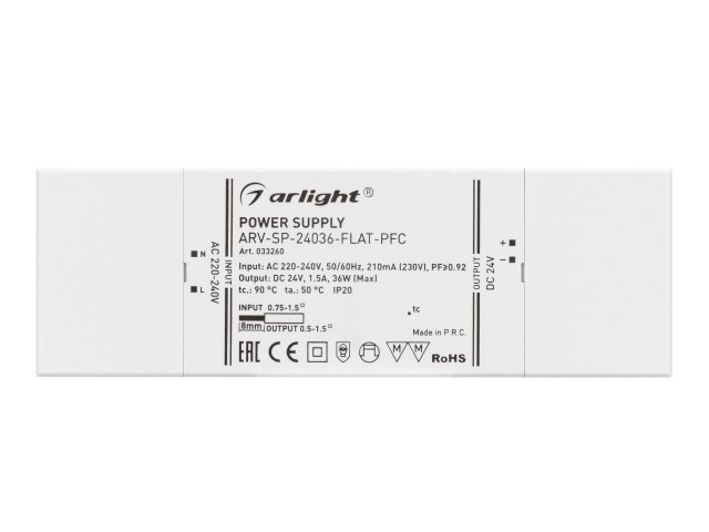 Блок питания ARV-SP-24036-FLAT-PFC (24V, 1.5A, 36W) (Arlight, IP20 Пластик, 5 лет) фото:1