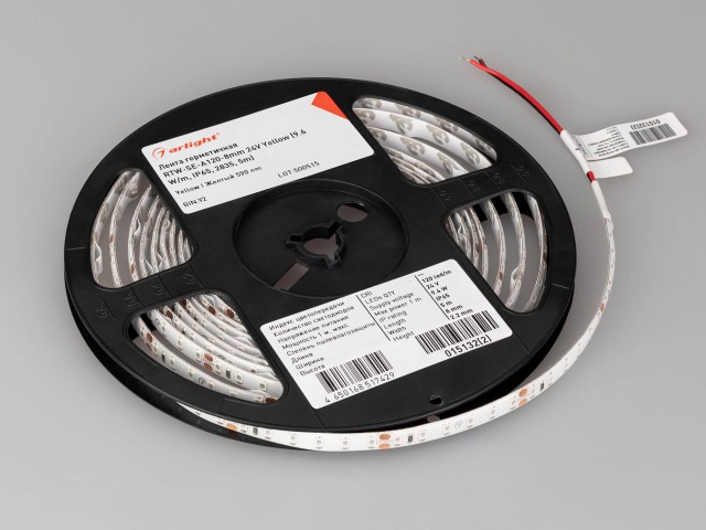 Лента герметичная RTW-SE-A120-8mm 24V Yellow (9.6 W/m, IP65, 2835, 5m) (Arlight, 9.6 Вт/м, IP65) фото:1