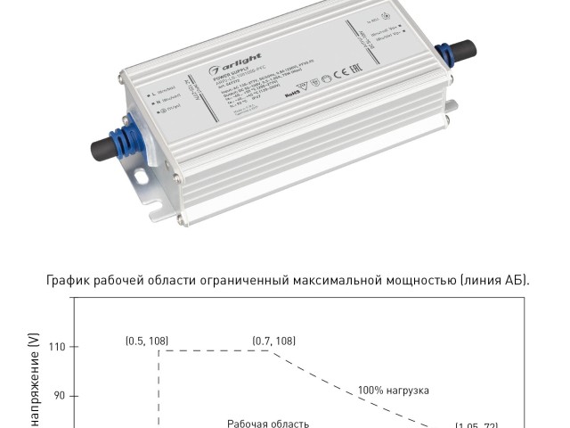 Блок питания ARPJ-LG-1081050-PFC (75W, 54-108V, 0.5-1.05A) (Arlight, IP67 Металл, 5 лет) фото:2
