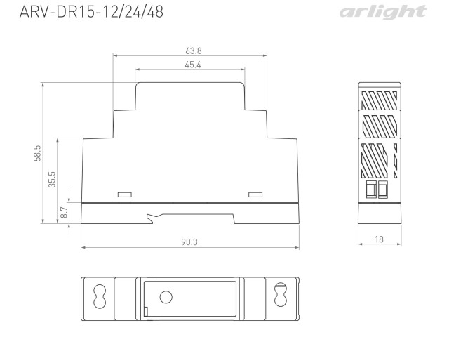 Блок питания ARV-DR15-12 (12V, 1.25A, 15W) (Arlight, IP20 DIN-рейка) фото:3