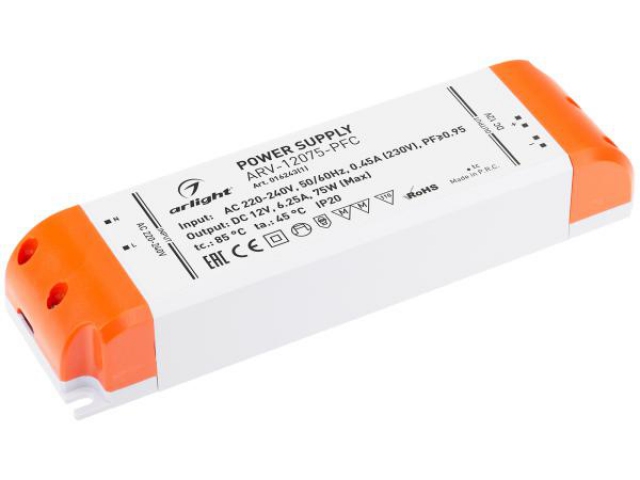 Блок питания ARV-12075-PFC (12V, 6.25A, 75W) (Arlight, IP20 Пластик, 2 года) фото:2