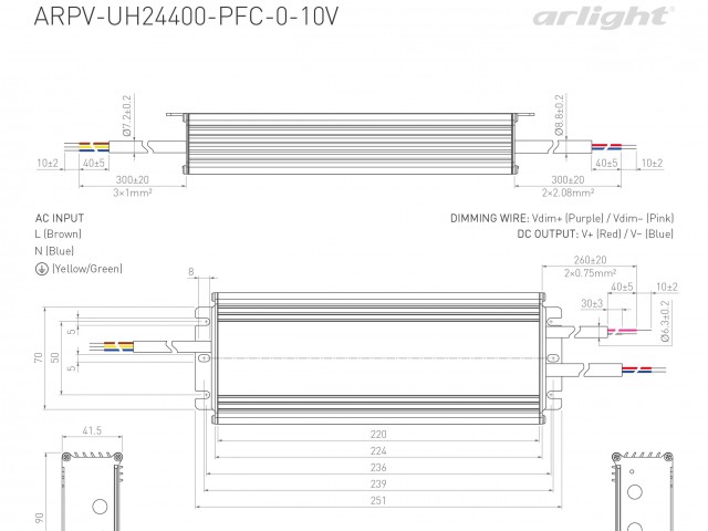 Блок питания ARPV-UH24400-PFC-0-10V (24V, 16.7A, 400W) (Arlight, IP67 Металл, 7 лет) фото:3