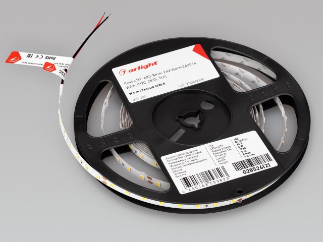 Лента RT-A80-8mm 24V Warm2400 (6 W/m, IP20, 2835, 5m) (Arlight, высок.эфф.150 лм/Вт) фото:3