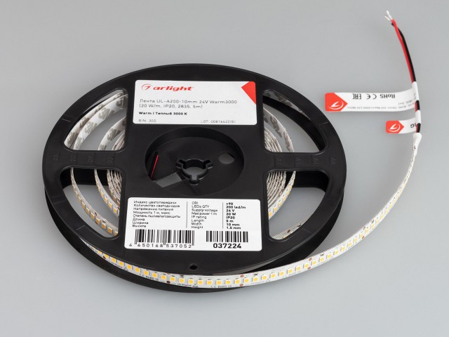 Лента UL-A200-10mm 24V Warm3000 (20 W/m, IP20, 2835, 5m) (Arlight, высок.эфф.150 лм/Вт) фото:10