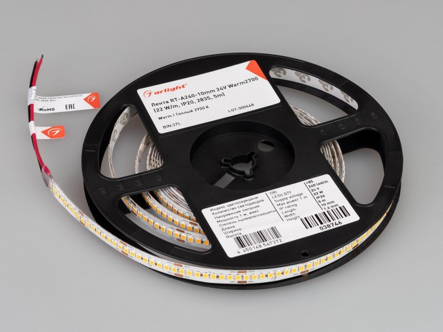 Лента RT-A240-10mm 24V Warm2700 (22 W/m, IP20, 2835, 5m) (Arlight, высок.эфф.150 лм/Вт) фото:12