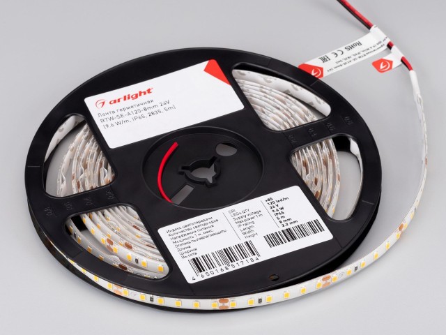 Лента герметичная RTW-SE-A120-8mm 24V Cool 10K (9.6 W/m, IP65, 2835, 5m) (Arlight, 9.6 Вт/м, IP65) фото:4