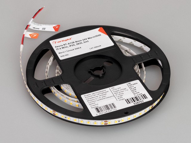 Лента RT-A128-8mm 24V Warm3500 (10 W/m, IP20, 5m) (Arlight, высок.эфф.150 лм/Вт) фото:3