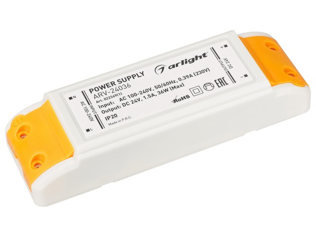 Блок питания ARV-24036 (24V, 1.5A, 36W) (Arlight, IP20 Пластик, 2 года) фото:1